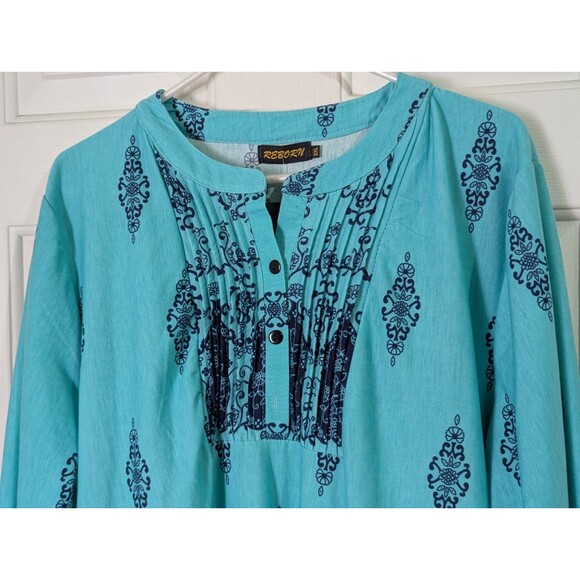 NWT REBORN Tunic Dress Womens Plus 3XL Teal Navy Damask 3/4 Sleeve Boho Stretch - Picture 2 of 8